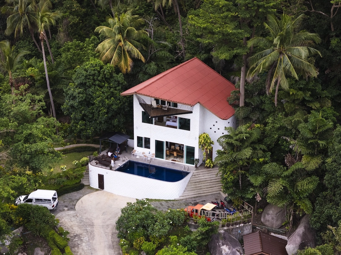 Luxury Villa Drone Shot Side View - The Gardenia Villa at Monkey Flower Villas Koh Tao